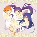  3girls bangs barefoot blue_hair blush breasts cleavage closed_mouth dress eyebrows_visible_through_hair flat_chest floating floating_hair frilled_dress frills full_body green_eyes hair_between_eyes hair_ornament hair_scrunchie highres hoshizora_rin lily_white_(love_live!) long_hair looking_at_viewer love_live! love_live!_school_idol_project low_twintails medium_breasts multiple_girls orange_hair purple_hair scrunchie short_hair smile sonoda_umi toujou_nozomi twintails white_dress yellow_eyes 