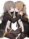  2girls bangs black_jacket black_skirt blush brown_eyes brown_hair brown_legwear brown_skirt character_name closed_mouth commentary eyebrows_visible_through_hair girls_frontline hair_between_eyes hand_holding interlocked_fingers jacket light_brown_hair long_hair long_sleeves looking_at_viewer mimelond multiple_girls open_clothes open_jacket pantyhose parted_lips pleated_skirt shirt simple_background skirt ump45_(girls_frontline) ump9_(girls_frontline) very_long_hair white_background white_shirt 