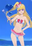  1girl akinbo_(hyouka_fuyou) asahina_mirai bangs bikini blonde_hair blue_sky bow bracelet collarbone contrapposto cure_miracle earrings floating_hair grin hair_bow hand_on_hip hat highres holding holding_wand jewelry long_hair looking_at_viewer mahou_girls_precure! mini_hat navel ocean outdoors pink_hat precure red_bow side_ponytail sky smile solo standing strapless strapless_bikini swimsuit very_long_hair violet_eyes wand white_bikini witch_hat 