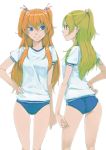  2girls akinbo_(hyouka_fuyou) ass blonde_hair blue_buruma blue_eyes buruma green_eyes gym_uniform hair_bobbles hair_ornament hair_ribbon hand_on_hip high_ponytail highres houjou_hibiki long_hair minamino_kanade multiple_girls orange_hair pink_ribbon precure ribbon shirt short_sleeves simple_background smile standing suite_precure twintails very_long_hair white_background white_shirt 