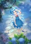  1girl arm_up blue_bow blue_dress blue_eyes blue_footwear blue_hair blue_wings bow bowtie cirno cobblestone day dress from_above full_body hair_tucking highres ice ice_wings light_particles light_rays looking_up mary_janes puffy_short_sleeves puffy_sleeves red_neckwear shirt shoes short_hair short_sleeves socks solo standing sunbeam sunlight touhou water white_legwear white_shirt wings zhu_xiang 