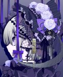  1girl bonnet closed_mouth commentary_request cross cross_earrings earrings eyebrows_visible_through_hair flower from_side grey_hair grey_rose hair_ornament highres horns jewelry mochizuki_kei original portrait profile purple_ribbon ribbon rose solo violet_eyes 