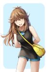  1girl arms_behind_back bag blue_(pokemon) blue_background blush border brown_eyes brown_hair commentary contrapposto creatures_(company) game_freak highres leaning_forward long_hair messenger_bag nintendo open_mouth pokemon pokemon_(game) pokemon_lgpe redpoke shorts shoulder_bag simple_background smile solo tank_top 