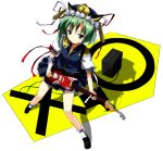  1girl amplifier blue_eyes electric_guitar gochou_(atemonai_heya) green_hair guitar hat instrument ribbon shiki_eiki solo touhou 