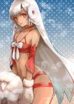  1girl altera_(fate) altera_the_santa bangs bare_shoulders breasts choker collarbone dark_skin detached_sleeves earmuffs eyebrows_visible_through_hair fate/grand_order fate_(series) full_body_tattoo gloves hips kettle21 looking_at_viewer midriff mittens navel open_mouth red_eyes revealing_clothes riding sheep short_hair small_breasts solo tattoo white_gloves white_hair 