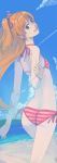  1girl akinbo_(hyouka_fuyou) ass bikini blue_eyes blue_sky brown_hair clouds flat_chest floating_hair from_behind hair_ribbon head_tilt highres houjou_hibiki leg_up long_hair looking_at_viewer looking_back pink_ribbon precure red_bikini ribbon sky solo standing striped striped_bikini suite_precure swimsuit twintails very_long_hair 