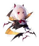  1girl animal bangs bat black_cape bow cape closed_mouth copyright_request demon_horns forehead glowing glowing_eyes horns looking_at_viewer multicolored multicolored_cape multicolored_clothes orange_cape parted_bangs portrait red_bow red_eyes saru simple_background solo white_background white_hair 
