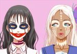  2girls anbj asobi_asobase bangs black_hair blue_sailor_collar brown_eyes butterfly_hair_ornament closed_mouth collarbone collared_shirt green_eyes grin hair_between_eyes hair_down hair_ornament honda_hanako long_hair looking_at_another looking_at_viewer lord_of_pastimers makeup multiple_girls parted_lips pink_background sailor_collar school_uniform shirt sidelocks simple_background smile upper_body very_long_hair wavy_hair white_hair white_shirt 