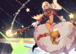  1girl altera_(fate) altera_the_santa bangs bare_shoulders breasts choker collarbone dark_skin detached_sleeves earmuffs fate/grand_order fate_(series) full_body_tattoo highres holding holding_weapon legs looking_at_viewer midriff mittens navel photon_ray rainbow red_eyes red_footwear revealing_clothes riding sanshouuo sheep short_hair small_breasts solo star_(sky) tattoo thighs weapon white_hair 