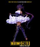  1girl bare_shoulders belt_collar black_background bow breasts closed_mouth copyright_name corset covered_eyes dark_skin destiny_child detached_sleeves fingernails flower full_body garter_straps hair_bow hair_over_eyes highres long_hair long_sleeves medium_breasts nail_polish original pointy_ears ponytail purple_hair purple_legwear purple_nails rose simple_background skirt smile solo standing thigh-highs toeless_legwear very_long_hair white_flower white_rose white_skirt yamakawa 
