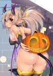  1girl ass bare_back bare_shoulders black_choker blush breasts choker clouds commentary_request cowboy_shot cross demon_girl demon_horns demon_tail demon_wings eyebrows_visible_through_hair fingernails from_behind grey_hair hair_between_eyes hair_ornament hairpin halloween highres hobby_(kento) holding horns jack-o&#039;-lantern large_breasts leotard looking_at_viewer looking_back night night_sky original outdoors parted_lips ponytail sky solo standing succubus tail thigh-highs wings wristband 
