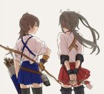  2girls arrow blush bow_(weapon) brown_hair commentary_request ear_blush flower from_behind green_hair japanese_clothes kaga_(kantai_collection) kantai_collection multiple_girls quiver ree_(re-19) side_ponytail tasuki thigh-highs twintails weapon zettai_ryouiki zuikaku_(kantai_collection) 