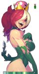  1girl bare_shoulders breasts cleavage cowboy_shot crown fengmo from_side gloves green_gloves green_leotard hair_over_one_eye highleg highleg_leotard highres large_breasts leaf leotard long_hair looking_at_viewer super_mario_bros. multicolored_hair new_super_mario_bros._u_deluxe nintendo open_mouth pipe piranha_plant ponytail red_eyes redhead sharp_teeth simple_background smile solo streaked_hair super_crown super_mario_bros. teeth tongue tongue_out white_background white_hair 