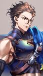  1boy bare_shoulders belt blue_cape breastplate brown_hair cape closed_mouth diarmuid_ua_duibhne_(fate/grand_order) fate/grand_order fate_(series) grey_background hair_slicked_back looking_at_viewer male_focus mole mole_under_eye simple_background smile solo tenobe upper_body yellow_eyes 