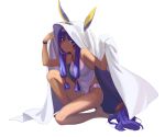  1girl animal_ears bare_legs barefoot breasts dark_skin earrings eyebrows_visible_through_hair facial_mark fate/grand_order fate_(series) full_body hood hoodie hoop_earrings jewelry kneeling long_hair looking_at_viewer low-tied_long_hair medium_breasts nitocris_(fate/grand_order) nitocris_(swimsuit_assassin)_(fate) purple_hair sidelocks simple_background smile solo swimsuit tuchinokoeffect very_long_hair violet_eyes white_swimsuit wristband 