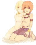 2girls bare_shoulders belt blonde_hair blue_eyes breasts commentary_request dress dual_persona jewelry kingdom_hearts kingdom_hearts_i kingdom_hearts_ii looking_at_viewer medium_hair multiple_girls namine necklace ramochi_(auti) redhead shadow short_hair skirt smile white_dress 