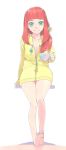  aikatsu!_(series) aikatsu_stars! akinbo_(hyouka_fuyou) bangs barefoot bell blunt_bangs bow collarbone cup dress flat_chest full_body green_eyes hair_bell hair_bow hair_ornament highres holding holding_cup long_hair looking_at_viewer partially_unzipped redhead saotome_ako sitting smile soles sweater sweater_dress teacup yellow_sweater 