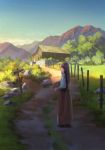  1girl basket blue_sky brown_hair brown_skirt building bush day fence gradient_sky grass holding holding_basket house kimura_(user_iht1203) long_hair long_skirt long_sleeves looking_at_viewer looking_back mountain original outdoors path puffy_sleeves road rock scenery shade shirt sign skirt sky solo standing sunlight white_shirt 