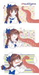  +++ ... /\/\/\ 1boy 1girl 3koma :d absurdres afterimage beret blue_bow blush bow braid brown_hair cheek_pull closed_eyes comic commentary_request flying_sweatdrops fukami_(wadanohara) hair_bow hat heart highres long_hair long_sleeves looking_at_another low_twintails motion_lines neckerchief oounabara_to_wadanohara open_mouth pointy_ears sailor_collar shirt smile spoken_ellipsis suction_cups sudakoyarou sweat tears tentacle turtleneck twin_braids twintails twitter_username wadanohara white_hat white_shirt 