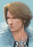  1boy blue_background brown_eyes brown_hair closed_mouth commentary fateline_alpha final_fantasy final_fantasy_viii fur_trim highres jewelry looking_away male_focus necklace scar simple_background solo squall_leonhart 