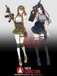  2girls belt_pouch black_bow black_footwear black_hair blue_eyes bow brown_eyes brown_footwear brown_hair camouflage_shirt gradient gradient_background green_bow green_skirt grey_skirt gun headset highres holding holding_gun holding_weapon knee_pads long_hair looking_at_viewer medium_hair multiple_girls official_art poster pouch school_uniform shirt skirt spiked_thighlet thigh-highs thigh_strap tokyo_comic_con weapon white_legwear white_shirt zoewulala 