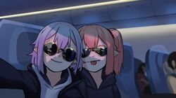  2girls aircraft airplane airplane_interior alternate_costume black_hoodie blonde_hair chair flandre_scarlet hair_between_eyes hood hoodie lavender_hair long_sleeves multiple_girls pointy_ears remilia_scarlet round_eyewear self_shot short_hair siblings side_ponytail sisters smile sunglasses tongue tongue_out touhou white_hoodie yoruny 