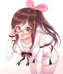  1girl :d a.i._channel bent_over brown_hair commentary_request detached_sleeves glasses gradient gradient_background green_eyes hairband highres kizuna_ai long_hair looking_at_viewer open_mouth oso_5425 pink-framed_eyewear pink_background pink_hairband ponytail sailor_collar smile solo teeth virtual_youtuber white_background white_sailor_collar 