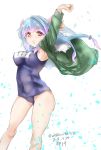  1girl arm_up blue_hair blue_swimsuit breasts character_name commentary_request dated feet_out_of_frame fur-trimmed_jacket fur_trim green_jacket hair_ribbon highres i-19_(kantai_collection) jacket kantai_collection large_breasts long_hair looking_at_viewer name_tag one-piece_swimsuit red_eyes ribbon school_swimsuit solo star swimsuit tororo_ten tri_tails twintails twitter_username 