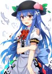  1girl arm_grab bandaid bangs bare_shoulders black_hat blouse blue_hair blue_skirt blush bow bowtie center_frills commentary_request cowboy_shot e.o. eyebrows_visible_through_hair food fruit grabbing_own_arm hair_between_eyes hat highres hinanawi_tenshi leaf long_hair looking_at_viewer open_mouth peach puffy_short_sleeves puffy_sleeves red_bow red_eyes red_neckwear short_sleeves sidelocks simple_background skirt solo tears torn_blouse torn_bow touhou v-shaped_eyebrows very_long_hair white_background white_blouse wing_collar 