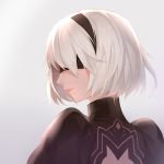  1girl black_dress blindfold commentary_request covered_eyes dress grey_background hairband mole mole_under_mouth nier_(series) nier_automata portrait profile short_hair simple_background smile solo tamaxi turtleneck white_hair yorha_no._2_type_b 