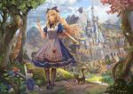  1girl alice_(wonderland) alice_in_wonderland apron black_bow black_cat blonde_hair blue_dress blue_eyes blue_sky bow card castle cat closed_mouth clouds cloudy_sky commentary_request day dress flower grass hair_bow highres holding holding_sword holding_weapon long_hair mushroom original outdoors path puffy_short_sleeves puffy_sleeves rayxray road short_sleeves sky solo sword tree_stump treee weapon white_apron white_rabbit 