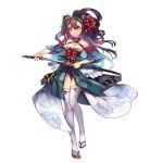  1girl bow breasts brown_eyes brown_hair choker cleavage detached_sleeves floral_print flower full_body hair_bow hair_flower hair_ornament highres holding holding_sword holding_weapon huangquan_dong_(sinchi) katana long_hair looking_at_viewer medium_breasts official_art original red_bow sandals sheath solo sword very_long_hair weapon white_legwear 