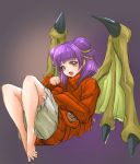 1girl alternate_costume barefoot deekei dragon_wings fire_emblem fire_emblem:_seima_no_kouseki full_body highres long_sleeves mamkute multi-tied_hair myrrh nintendo open_mouth purple_hair red_eyes red_sweater simple_background solo sweater twintails wings 
