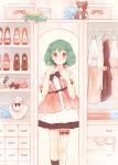  1girl ahoge alternate_costume braid crown_braid dress earrings flower_earrings green_hair highres indoors jewelry leg_garter lrul macross macross_frontier mirror ranka_lee red_eyes short_hair solo stuffed_animal stuffed_toy teddy_bear 