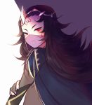  1girl absurdres artist_name black_hair closed_mouth facial_mark fire_emblem fire_emblem_if forehead_mark from_side highres lazymimium long_hair looking_to_the_side messy_hair nintendo nyx_(fire_emblem_if) red_eyes solo tiara veil 