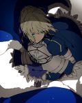  1girl armor armored_dress artoria_pendragon_(all) blonde_hair blue_cape blue_dress blue_eyes blurry_foreground breastplate cape closed_mouth commentary_request dress fate/stay_night fate_(series) fur_trim green_eyes hiiragi_fuyuki juliet_sleeves long_sleeves puffy_sleeves saber simple_background solo white_background 