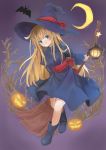  1girl back_bow bat blonde_hair blue_eyes blue_hat blush bow broom closed_mouth commentary_request crescent_moon eyebrows_visible_through_hair halloween hat hat_bow highres holding jack-o&#039;-lantern lantern long_hair looking_at_viewer madou_monogatari moon night night_sky purple_sky puyopuyo red_bow sash sky solo star_(sky) starry_moon waichi witch witch_(puyopuyo) witch_hat 