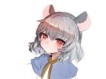  1girl animal_ears bangs blue_capelet blush capelet commentary_request dokomon eyebrows_visible_through_hair grey_hair hair_between_eyes highres mouse_ears nazrin red_eyes short_hair simple_background solo touhou upper_body white_background 
