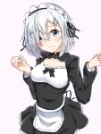  1girl alternate_costume black_dress blue_eyes blush breasts cleavage dress enmaided hair_ornament hair_over_one_eye hairclip hamakaze_(kantai_collection) harukawa_(hal501) highres kantai_collection long_sleeves looking_at_viewer maid maid_dress maid_headdress medium_breasts messy_hair short_hair silver_hair simple_background smile solo upper_body white_background 