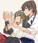  2girls brown_hair commentary_request green_hair kaga_(kantai_collection) kantai_collection multiple_girls muneate ree_(re-19) side_ponytail towel_bunny twintails zuikaku_(kantai_collection) 