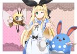  1girl :d ;) absurdres apron azumarill bad_hand bangs black_bow blonde_hair blunt_bangs blush bow creatures_(company) cup dotted_background food game_freak gen_2_pokemon gen_7_pokemon green_eyes hair_bow hand_out highres long_hair macaron minatototon1020 mononobe_alice nijisanji nintendo one_eye_closed open_mouth plate pokemon pokemon_(creature) purple_background ribombee smile solo standing teacup teapot virtual_youtuber 