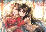  2girls ;d bangs bare_tree black_bow black_hair blush bow breasts brown_coat brown_scarf brown_skirt closed_mouth coat commentary_request duffel_coat ereshkigal_(fate/grand_order) eyebrows_visible_through_hair fate/grand_order fate_(series) fingernails hair_between_eyes hair_bow hug hug_from_behind interlocked_fingers ishtar_(fate/grand_order) leaning_forward light_brown_hair long_hair long_sleeves medium_breasts melings_(aot2846) multiple_girls one_eye_closed open_mouth outdoors parted_bangs plaid plaid_scarf plaid_skirt pleated_skirt red_bow red_coat scarf skirt smile sunset tiara tree two_side_up upper_body very_long_hair 