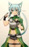  1girl :3 animal_ears armor bangs belt blue_eyes blue_hair blush cat_ears cat_tail drawfag hair_between_eyes hair_ornament highres navel open_mouth paw_pose simple_background sinon sinon_(sao-alo) smile solo sword_art_online tail 