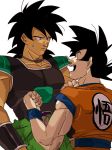  2boys :d armor arms_at_sides black_eyes black_hair broly_(dragon_ball_super) clenched_hands close-up clothes_writing dougi dragon_ball dragon_ball_super dragon_ball_super_broly dragonball_z expressionless facing_away frown happy height_difference jewelry looking_at_another looking_down looking_up male_focus multiple_boys necklace open_mouth profile serious shaded_face simple_background smile son_gokuu spiky_hair standing upper_body white_background wristband 