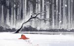 bare_tree blood_on_snow footprints grey_sky kneeling kyouichi lake original red_robe scenery snow snowing tree 