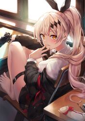  1girl absurdres bada_(jksh5056) bangs barefoot black_cardigan black_ribbon black_skirt blonde_hair blush breasts brown_eyes cardigan chair commentary day desk eraser eyebrows_visible_through_hair fingernails five-seven_(girls_frontline) five-seven_(gun) girls_frontline gun hair_between_eyes hair_ornament hair_ribbon hand_up handgun high_ponytail highres holding holding_gun holding_weapon indoors knees_up long_hair long_sleeves looking_at_viewer looking_to_the_side medium_breasts object_namesake off_shoulder on_chair parted_lips pen pistol pleated_skirt ponytail ribbon school_chair school_desk school_uniform shirt sitting skirt solo sunlight toenails very_long_hair weapon white_shirt window 