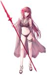  1girl alternate_costume armlet bare_legs bikini black_bikini black_cape black_footwear cape closed_mouth fate/grand_order fate_(series) fingernails flower full_body gae_bolg hair_flower hair_intakes hair_ornament highres holding holding_spear holding_weapon long_hair looking_at_viewer mikkat nail_polish pink_nails polearm purple_hair red_eyes sandals scathach_(fate)_(all) scathach_(fate/grand_order) see-through simple_background smile solo spear standing swimsuit toenails weapon white_background 