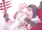  1boy 1girl bare_chest black_gloves blue_hair cape chest_tattoo closed_mouth cu_chulainn_alter_(fate/grand_order) earrings expressionless facial_mark fate/grand_order fate_(series) gae_bolg gloves holding holding_spear holding_weapon hug jewelry lancer long_hair looking_at_viewer medb_(fate)_(all) medb_(fate/grand_order) mikkat pink_hair polearm skirt smile spear tattoo tiara weapon white_background white_cape white_gloves white_skirt yellow_eyes 