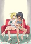  2girls andou_(girls_und_panzer) bangs barefoot black_bra black_hair black_panties blonde_hair blue_eyes bra breasts brown_eyes cleavage commentary commentary_request couch cup dark_skin eyebrows_visible_through_hair girls_und_panzer half-closed_eyes head_tilt holding holding_cup indoors ken-sya legs legs_crossed locked_arms looking_at_another medium_breasts medium_hair messy_hair mug multiple_girls navel no_pants on_couch open_mouth oshida_(girls_und_panzer) panties petals rating shadow shirt short_sleeves sitting smile sports_bra t-shirt underwear underwear_only white_shirt yuri 