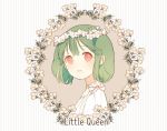  1girl alternate_costume choker flower green_hair head_wreath lrul macross macross_frontier portrait ranka_lee red_eyes short_hair solo symbol-shaped_pupils 